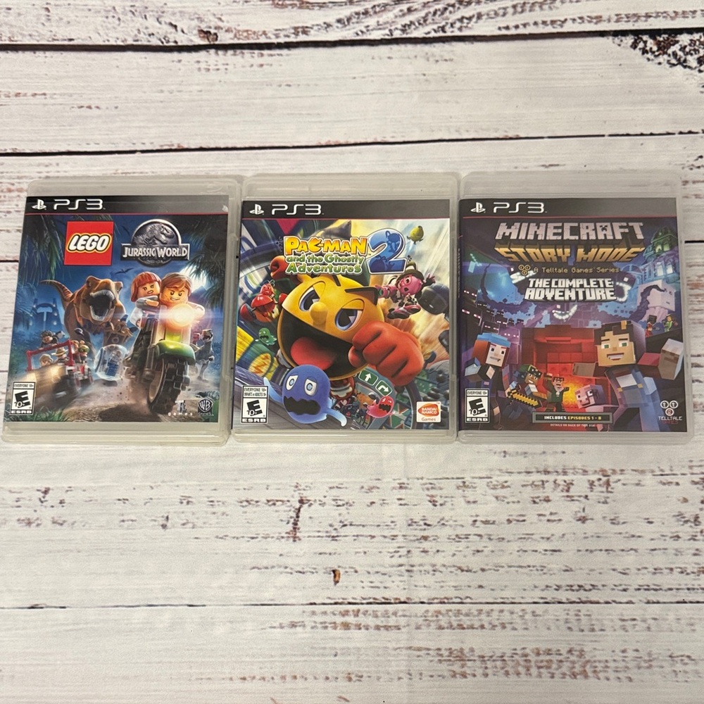 Lot of 3! PS3 games-Minecraft StoryMode, Pacman2, Lego Jurassic World- Like New